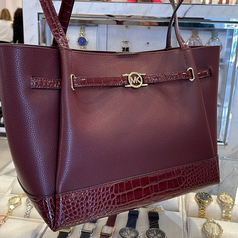 MICHAEL KORS Reed Lg Leather Belted Satchel Shoulder Handbag  Oxblood Crocodile
